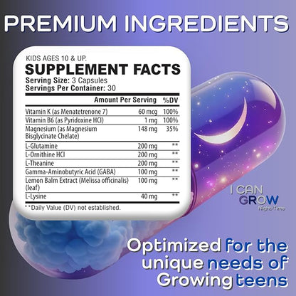 I Can Grow Night-Time Sleep Support for Kids 10+ & Teens | Magnesium Bisglycinate + GABA + L-Theanine | Non-Habit Forming | No Melatonin | Natural Calm & Recovery Formula | Vitaminas para Niños