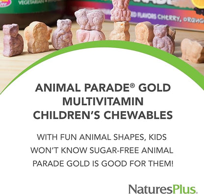 Natures Plus Animal Parade Gold Multivitamin Children’s Chewables - Watermelon Flavor - 120 Animal-Shaped Tablets, Pack of 2 - Vitamin D3, K2 & Probiotics - Vegan, Gluten Free - 120 Total Servings