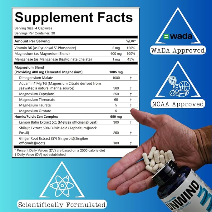 Unwind - Advanced Relaxation Supplement, Max Strength Elemental Magnesium, Lemon Balm, Primavie Shilajit, Ginger - 120 Capsules - Made in USA