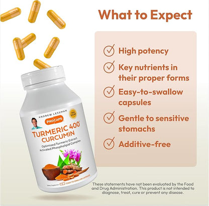 ANDREW LESSMAN Turmeric 400mg - 60 Capsules - 95% Curcuminoids as Phospholipid Complex for Optimum Benefits and Absorption, High Potency Standardized Extract, Small Easy to Swallow Capsules