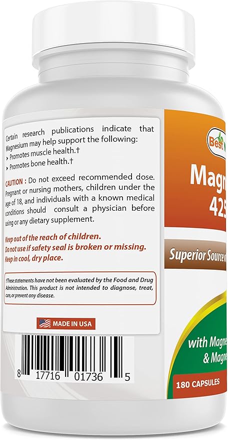Best Naturals Magnesium 425 mg 180 Veggie Capsules - High Absorption Magnesium Glycinate & Magnesium Oxide Chelated, Non-GMO, Gluten Free Muscle Relax (180 Count (Pack of 2))