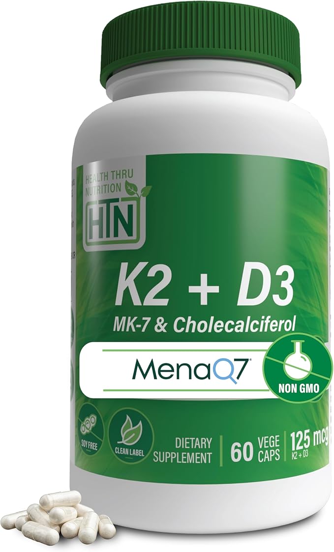 Health Thru Nutrition K2 + D3 Complex | K2 100mcg as MenaQ7 Menaquinone 7 MK7 & D3 1,000iu | 3rd Party Tested | Non-GMO (Pack of 60)