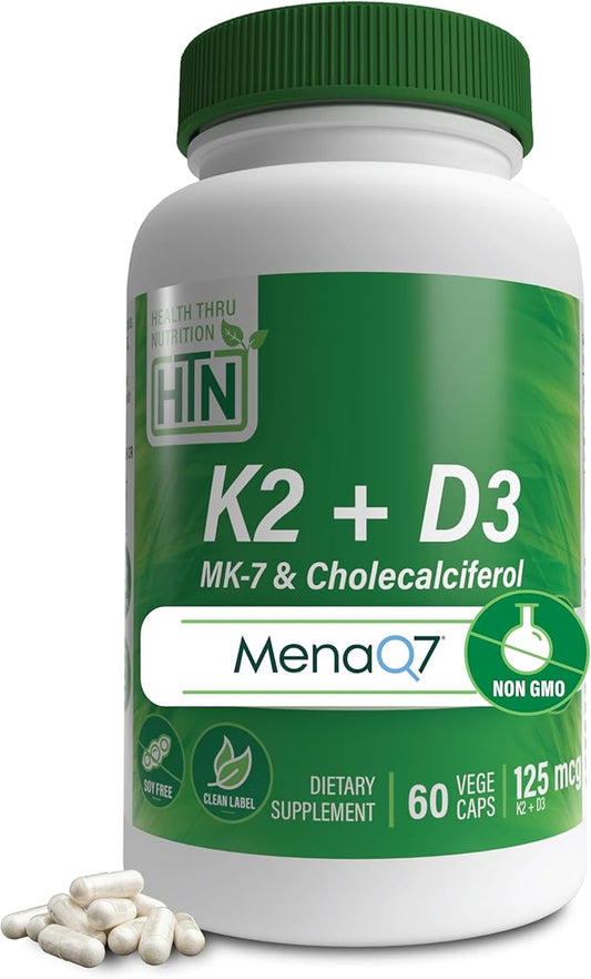 Health Thru Nutrition K2 + D3 Complex | K2 100mcg as MenaQ7 Menaquinone 7 MK7 & D3 1,000iu | 3rd Party Tested | Non-GMO (Pack of 60)