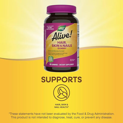 Nature's Way Alive! Hair, Skin & Nails Gummies, Advanced Beauty Formula*, with Biotin and Collagen, Strawberry Flavored, 60 Gummies (Packaging May Vary)
