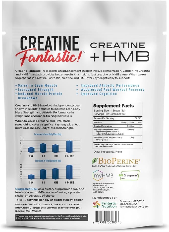 Creatine Fantastic 5g Creapure Creatine Plus 3g of myHMB for Increased Strength, Improved Muscle Growth, Enhanced Athletic Performance, and Extra Energy – 60 Servings, Unflavored