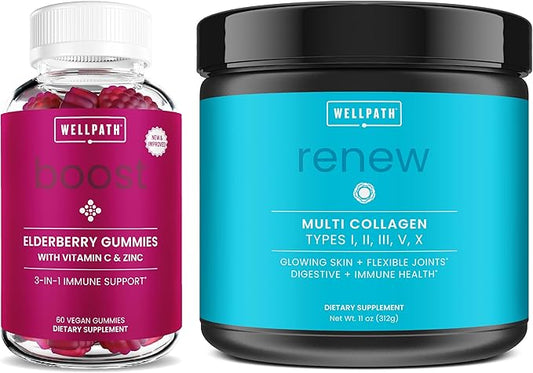 WellPath Immune & Wellness Supplements: Boost Elderberry Gummies with Zinc & Vitamin C + Renew Multi Collagen Protein Powder for Women - Vegan, Non-GMO, Supports Immunity & Skin Health