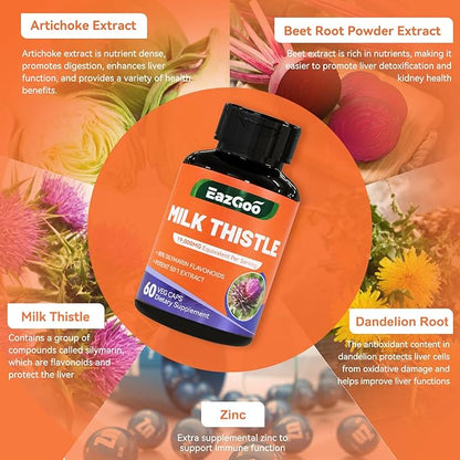 Milk Thistle Capsules 19000mg Equivalent, 50X Concentrated Seed Extract & 80% Silymarin Standardized, Liver Support Supplement, Vegan, Non-GMO, 120 Capsules