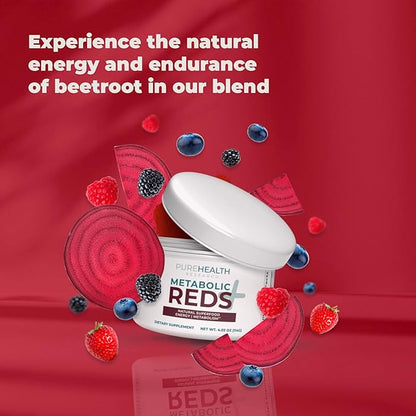 PUREHEALTH RESEARCH Reds Superfoods Powder - Only 10 Calories Fruit and Vegetable Adaptogen Drink with Beetroot, Polyphenols, Probiotic Powder - Antioxidants Supplement for Energy, 30 Servings