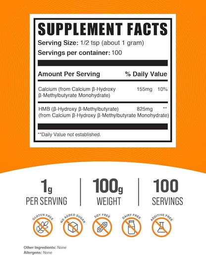 BulkSupplements.com HMB Powder - as Calcium HMB, Beta-Hydroxy Beta-Methylbutyrate - HMB Powder Supplements, Gluten Free - 1000mg per Serving, 100g (3.5 oz) (Pack of 1)