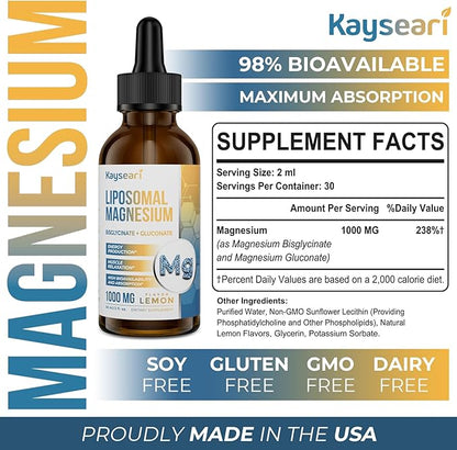 High Strength Liposomal Magnesium Drops, Easily Absorbed Chelated Forms of Magnesium Bisglycinate and Magnesium Gluconate, 60ML Lemon Flavored Liquid Drops