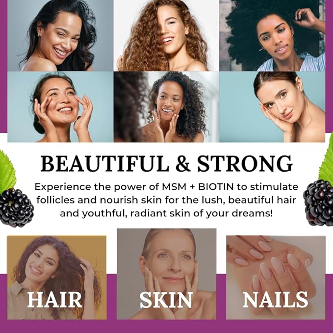 MSM + Biotin Hair Benefits Powder - Hair Growth MSM Supplement for Women & Men - Biotin & Vitamin C Blend - Wildberry MSM Powder for Hair Volume & Strength - Gluten-Free - 30 Servings (8.5 Oz)