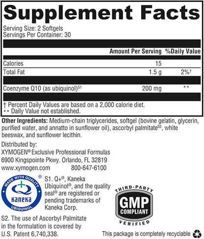 XYMOGEN CoQmax 200mg CoQ10 ubiquinol - Patented, Stabilized Form - Coenzyme Q10 for Antioxidant, Cognitive + Heart Health Support (60 Softgels)