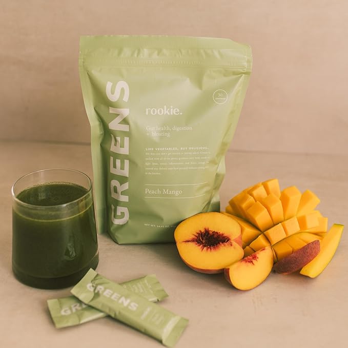 Natural Greens Supplements Superfood Powder Drink by Rookie Wellness, Gut Support Digestive Enzyme, Improve Mood, Immune Support, Peach Mango Greens Powder (30 Serving Bag)