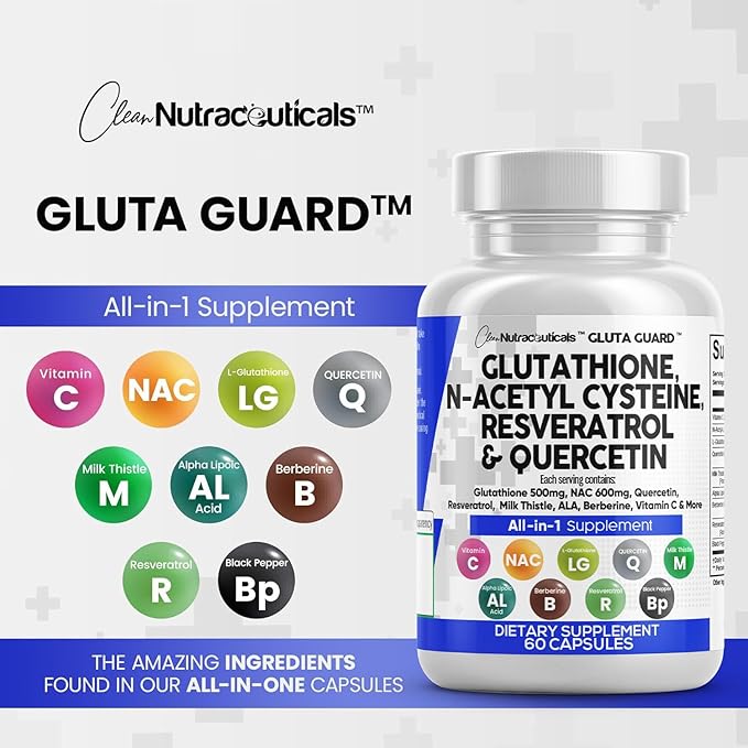 Clean Nutraceuticals Glutathione 500mg Supplement with Vitamin C N Acetyl Cysteine 600mg Berberine 1000mg Resveratrol Quercetin Alpha Lipoic Acid - Reduced L Glutathion Free Form Women 60 Ct USA Made