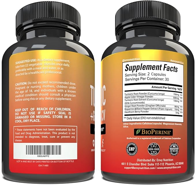 Turmeric & Ginger Supplement Capsules with Apple Cider Vinegar - Enhanced Immunity & Metabolism Support - 95% Curcuminoids, Bioperine (Black Pepper) for Superior Absorption - 60 Caps