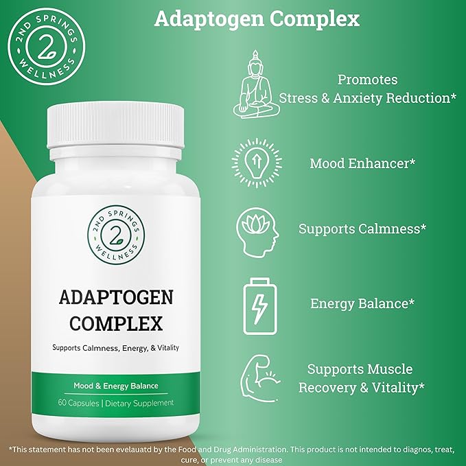 Adaptogen Complex Calmness, Energy and Vitality Booster - Ashwagandha, Schisandra, Astragalus, Ginseng, Rhodiola, and More - Promotes Balance, Focus, and Overall Well-Being - 60 Ct
