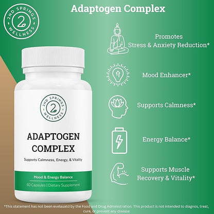 Adaptogen Complex Calmness, Energy and Vitality Booster - Ashwagandha, Schisandra, Astragalus, Ginseng, Rhodiola, and More - Promotes Balance, Focus, and Overall Well-Being - 60 Ct