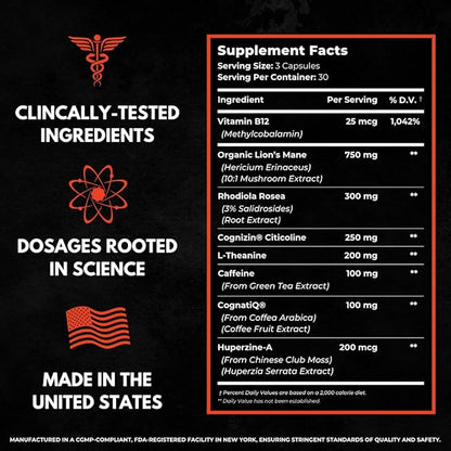 8-IN-1 All-Natural Nootropic Supplement for Focus, Energy, & Memory Support | Organic Lion's Mane & Rhodiola | Cognizin Citicoline & CognatiQ | Caffeine & L-Theanine | Huperzine-A & Vitamin B12