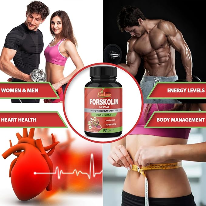 Organic Cadane Forskolin Supplement Capsules - 5in1 Concentrated with Turmeric Curcumin, Arjuna, Garcinia Cambogia, and Green Tea - 150 Capsules for 5 Months Supply