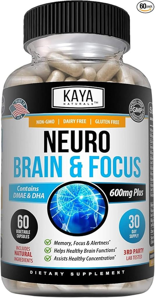 Kaya Naturals - Neuro Brain for Memory & Focus - Nootropic Energy Capsule - Nootropic Brain Support Supplement - Focus & Concentration & Learning Accuracy - Cognitive Function - 60 Count