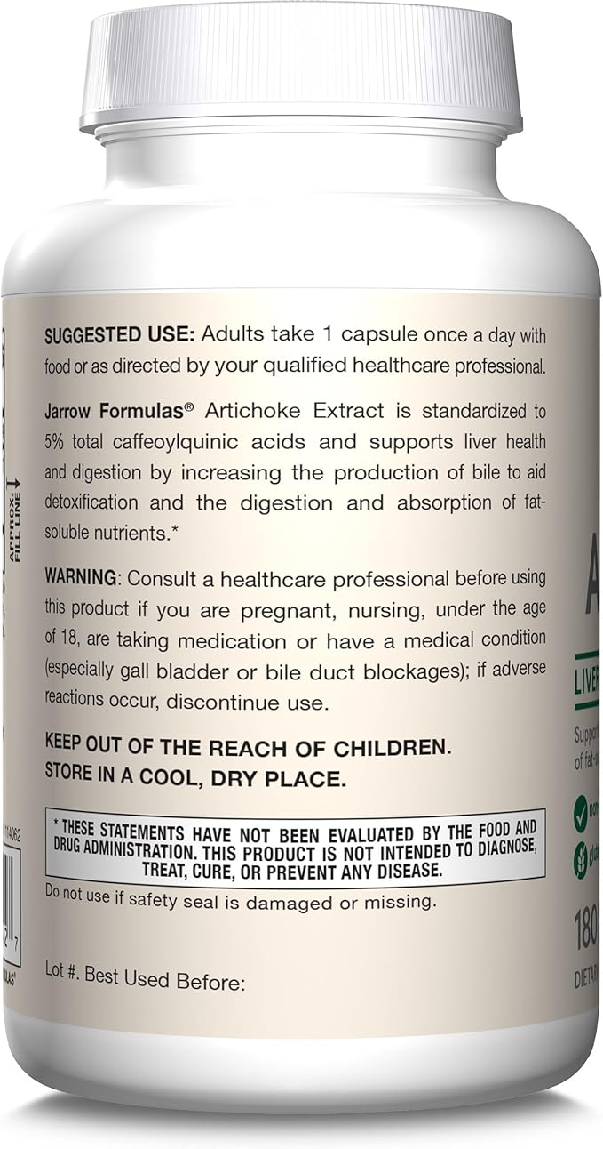 Jarrow Formulas Artichoke 500 mg, Dietary Supplement for Liver Health and Digestion Support, 180 Veggie Capsules, 180 Day Supply, Pack of 12