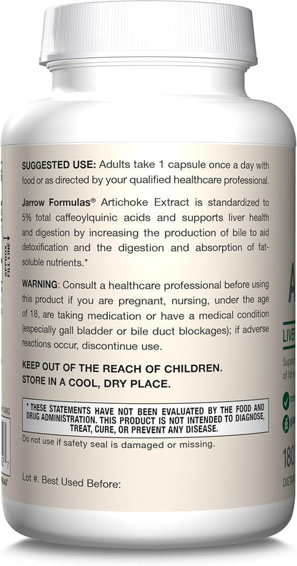 Jarrow Formulas Artichoke 500 mg, Dietary Supplement for Liver Health and Digestion Support, 180 Veggie Capsules, 180 Day Supply, Pack of 12
