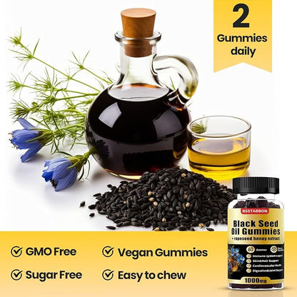 Black Seed Oil Gummies with 1000mg Organic Black Seed Oil, 25mg rapeseed Honey Extract,Vitamin B6,B12 and zinc for Immune System Support (60 Gummies) (60 Count)