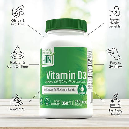Health Thru Nutrition Vitamin D3 10,000iu 360 Mini Softgels for Maximum Benefit Year Supply | 250mcg Cholecalciferol | 3rd Party Tested | Non-GMO USP Grade in Organic EVOO | Immune Health Support