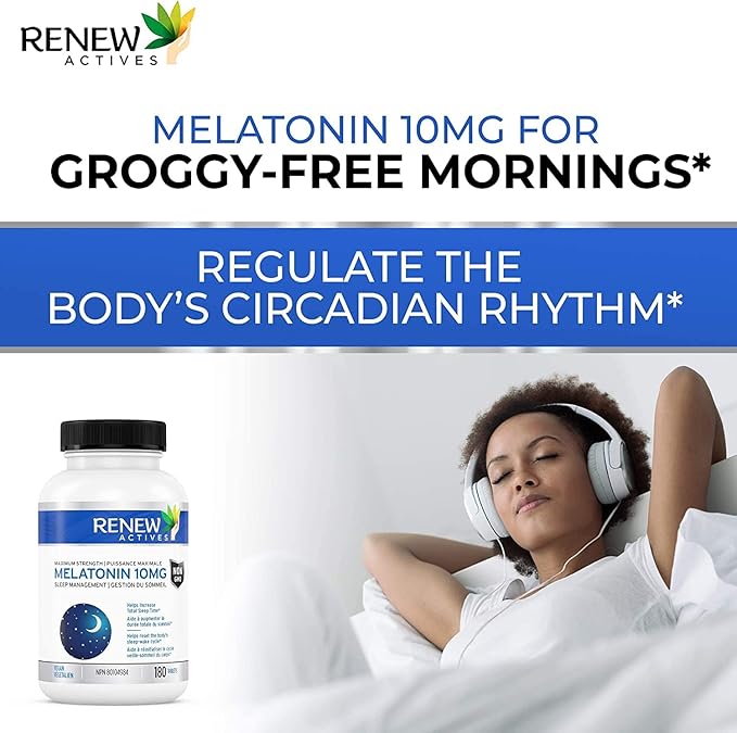 Renew Actives Melatonin 10mg per Serving – Promotes a Deeper, Longer & Ideal for Sleep Management, Jet Lag & to Reset Your Sleep Cycle - Made in Canada - 180 Tablets