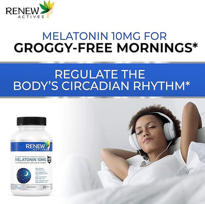 Renew Actives Melatonin 10mg per Serving – Promotes a Deeper, Longer & Ideal for Sleep Management, Jet Lag & to Reset Your Sleep Cycle - Made in Canada - 180 Tablets