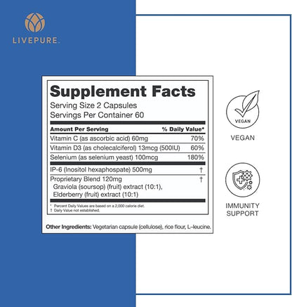 PURE Immune6 120 Capsules - Immune Support Supplement with Antioxidant Inositol Hexaphosphate IP6, Selenium Supplement + Iron with Vitamin C and D3. Boost Immunity with Our Multi Vitamin.