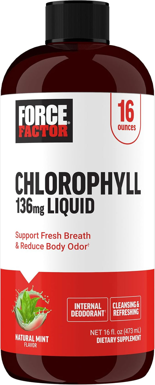 FORCE FACTOR Chlorophyll Liquid Body Deodorizing Supplement, Freshens Breath and Body Naturally, Made with No Artificial Sweeteners or Colors, Non-GMO, Natural Mint Flavor, 16 oz.