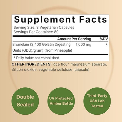 NatureBell Bromelain, 1,000mg Per Serving, 240 Veggie Capsules | 2,400 GDU – Digestive Enzymes & Joint Support Supplement – Proteolytic Enzymes for Digestion, Fresh Pineapple Source – Non-GMO