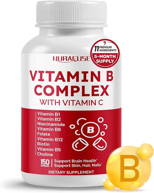 Vitamin B Complex Vitamin B1, B2, 6,9,12 Niacin, with Vitamin C - Support Brain Health, Energy Levels, Skin, Hair, and Nails - Made and Tested in The USA