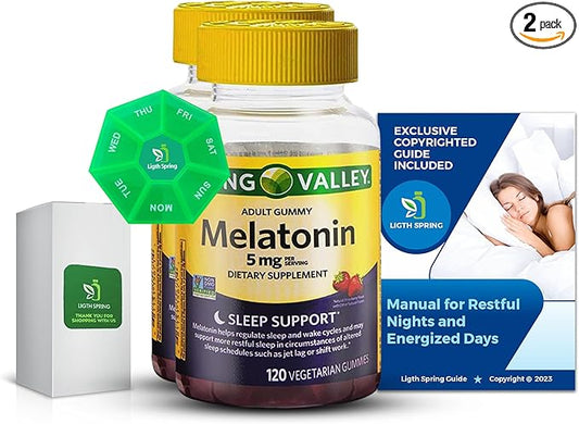 Melatonin 5Mg, 120 Gummies, Sleep Support (2 Pack) with Bundle Exclusive Better Ligth&Spring Guide + Weekly Pill Organizer (4 Items)