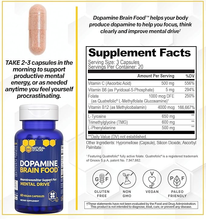 NATURAL STACKS Dopamine Brain Food - 650mg L-Tyrosine Supplement - Dopamine Supplement for Focus & Mental Drive - Supports Mental Energy - Neurotransmitter Support with B Vitamins - 120 Capsules
