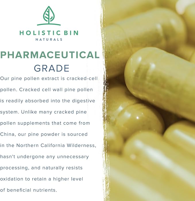 Holistic Bin Pine Pollen Capsules 500mg (Pinus Ponderosa) - Wild Harvested California Ponderosa Pine Pollen Powder - Olympic Grade - Organic, Non-GMO, No Fillers - 30 Day Supply (40 Capsules)