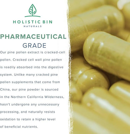 Holistic Bin Pine Pollen Capsules 500mg (Pinus Ponderosa) - Wild Harvested California Ponderosa Pine Pollen Powder - Olympic Grade - Organic, Non-GMO, No Fillers - 30 Day Supply (40 Capsules)
