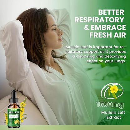 Mullein Drops for Lungs - 1500mg Mullein Leaf Extract Liquid Organic Herbal Supplement Support Lung Detox & Cleanse, Immune, Respiratory Function for Healthy Breathing - Natural Flavor, 2 Fl Oz, Vegan