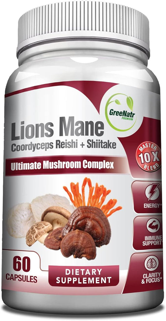 Complete Mushroom Supplement -10 in 1 Complex with Lions Mane, Cordyceps, Shiitake, Chaga, Turkey Tail for Immune Support, Memory, Focus & Natural Energy Booster - 60 Capsules (1 Bottle)