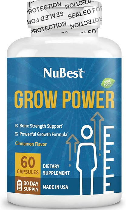 NuBest Grow Power Height Supplement with Calcium, Magnesium, Vitamin D3, Zinc for Age 10+ Height Growth, Grow Taller, Increase Height Growth Natural - Free of Growth Hormone - 60 Growth Capsules