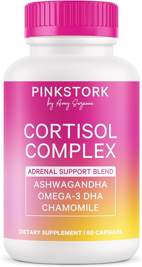 Pink Stork Cortisol Complex - Organic Ashwagandha, Omega 3 DHA, Saffron - Mood Balance, Stress Management, Energy Levels for Women - 60 Count