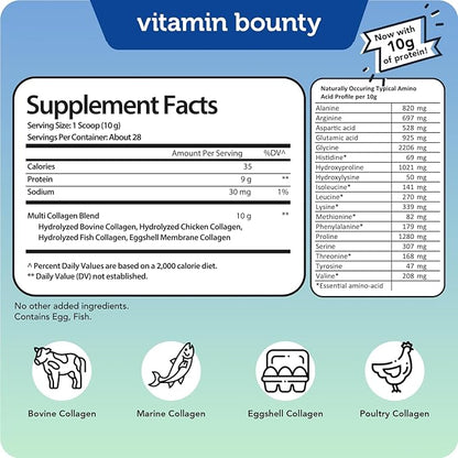 Vitamin Bounty Multi Collagen Complex - Hydrolyzed Collagen Peptides Types I, II, III, V & X - Supports Skin Elasticity, Joint Health, Hair & Nail Growth - 28 Servings