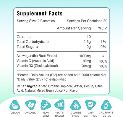 2 Pack Ashwagandha Gummies & Vitamin D Gummies for Women & Men - with Vitamin C for Support Calm Mood, Relaxation & Immune, Mixed Berry 60 Cts