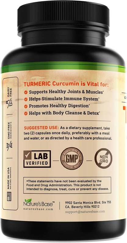 Nature's Base Turmeric Curcumin Supplement - with Ginger, Apple Cider Vinegar, & BioPerine Black Pepper Extract - 95% Curcuminoids - 240 Capsules