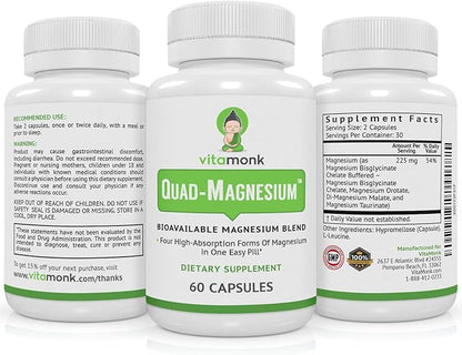 Quad Magnesium Blend by Vitamonk - with Magnesium Orotate, Glycinate Chelate, Magnesium Taurate and Di- Magnesium Malate - High Absorption Magnesium Complex for Sleep, Heart, and Mood
