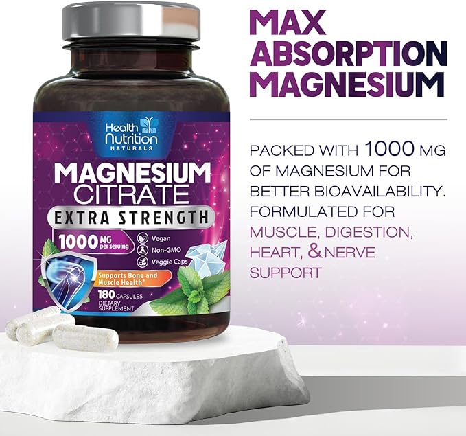 Magnesium Citrate Capsules 1000mg - Max Absorption Magnesium Powder for Muscle, Nerve, Bone and Heart Health Support, High Absorption Citrate Complex, Gluten Free, Non-GMO - 180 Capsules