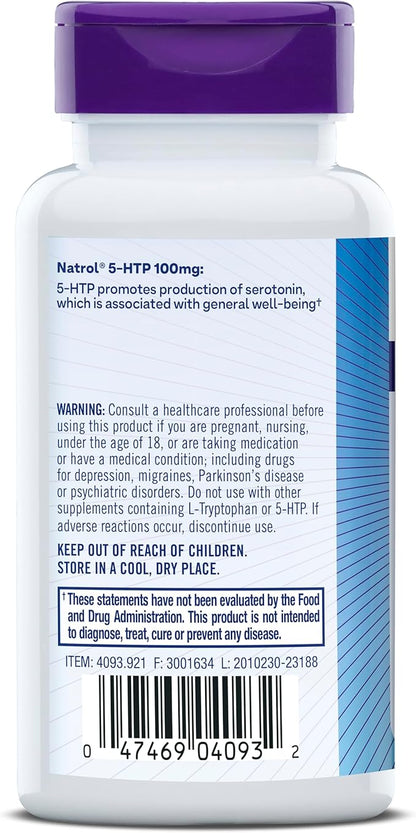 Natrol Mood + Stress 5-HTP 100 mg, Dietary Supplement for a Balanced Mood, Capsules for Adults, 30 Capsules, Up to a 30 Day Supply