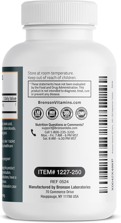 Bronson Vitamin K2 MK-7 200mcg Extra Strength, 250 Vegetarian Tablets