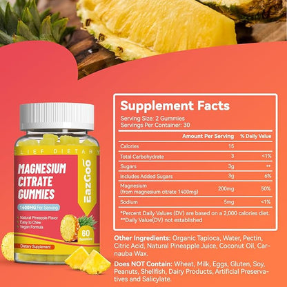 1400MG Magnesium Citrate Gummies, High Absorption Magnesium Gummies for Adults, Extra Strength Magnesium Gummy Supplement for Healthy Relaxation, Vegan, Non-GMO, 60 Gummies